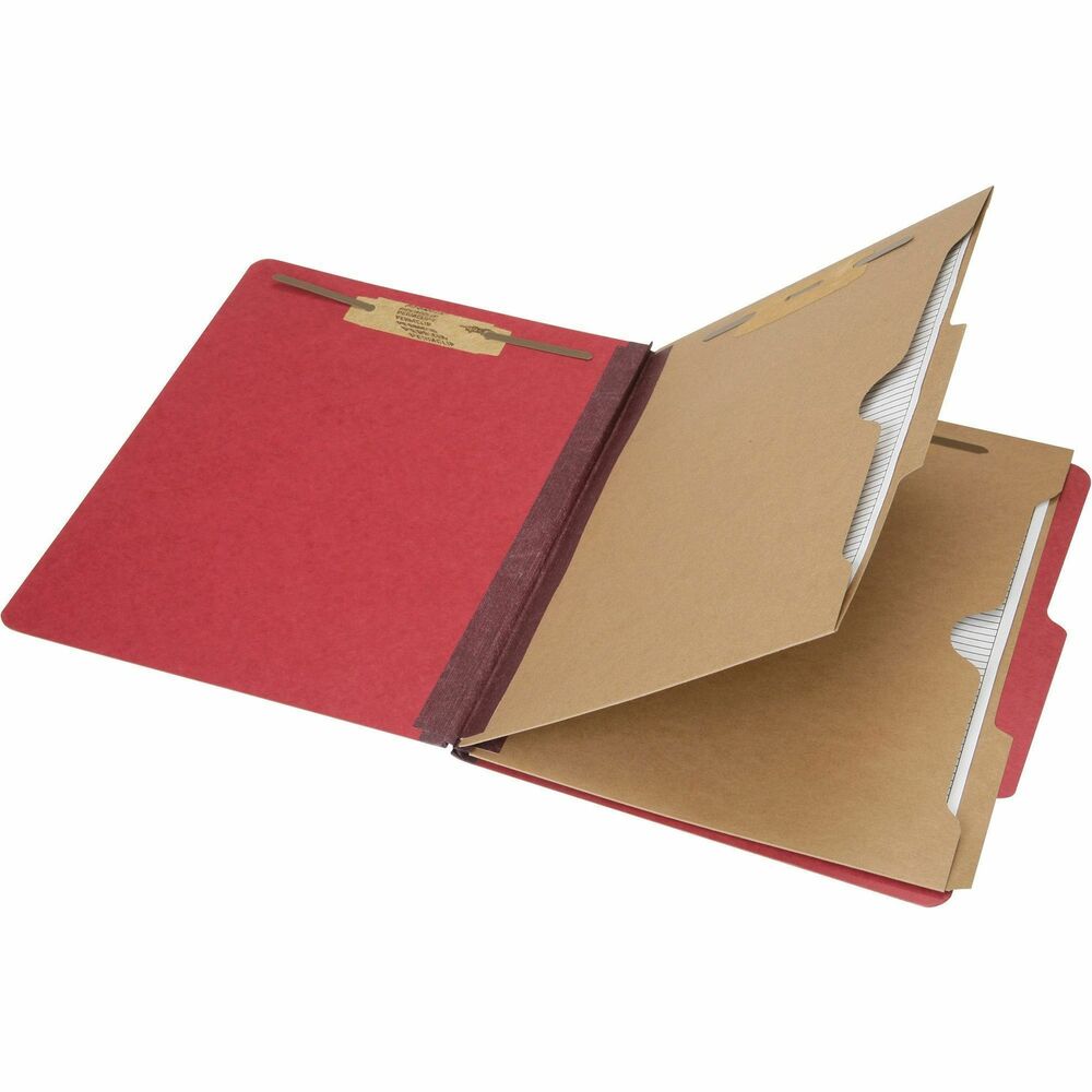 NSN6006972 - Six-part classification folders offer an efficient way to organize your letter-size project with multiple sections. Design includes one 2" capacity prong on the inside of each cover in positions No. 1 and 3. Two pocket dividers made of 11 point Kraft stock feature a total of four 1" capacity prongs on each side of the dividers for extra storage. The pocket dividers provide extra storage for CDs/DVDs and smaller documents that cannot be two-hole punched. Expandable, Tyvek-reinforced gusset offers a 2" capacity. Folder cover is made of 25 point Pressboard. Folders are made using 30 percent post-consumer material.