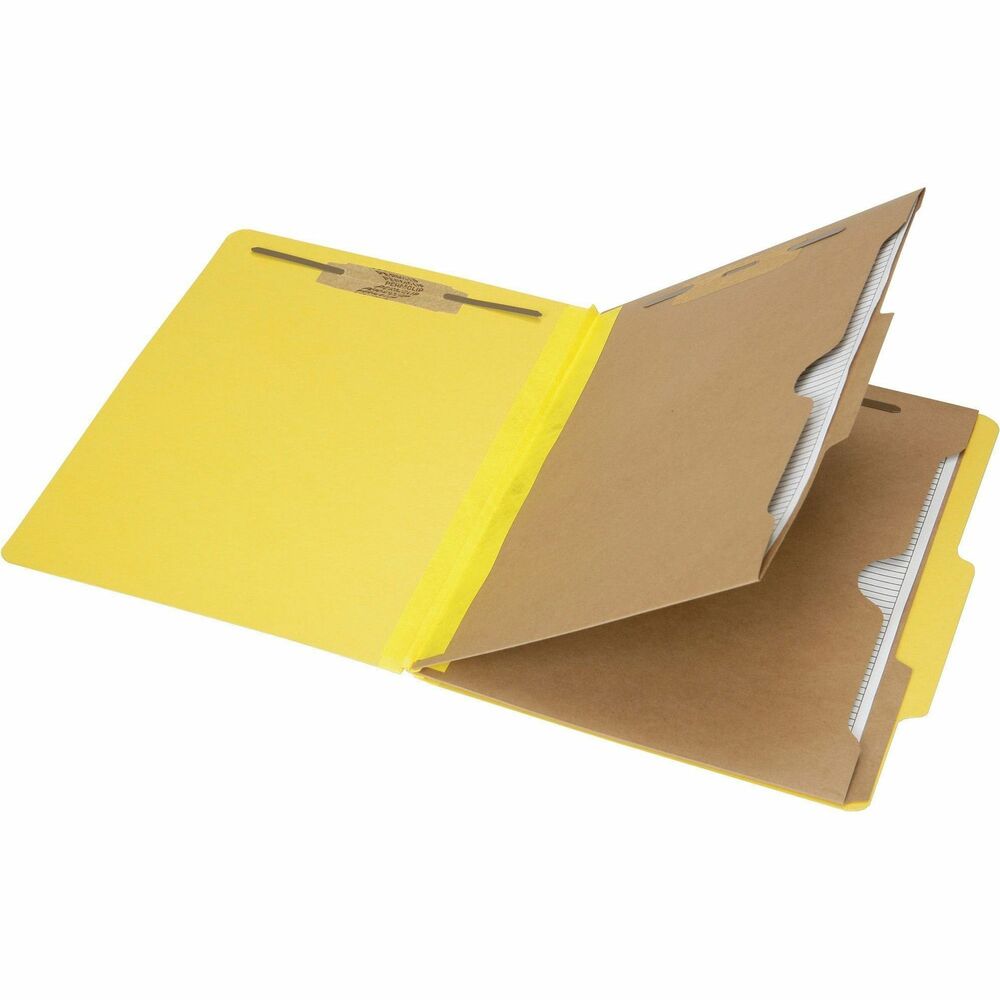 NSN6006975 - Six-part classification folders offer an efficient way to organize your letter-size project with multiple sections. Design includes one 2" capacity prong on the inside of each cover in positions No. 1 and 3. Two pocket dividers made of 11 point Kraft stock feature a total of four 1" capacity prongs on each side of the dividers for extra storage. The pocket dividers provide extra storage for CDs/DVDs and smaller documents that cannot be two-hole punched. Expandable, Tyvek-reinforced gusset offers a 2" capacity. Folder cover is made of 25 point Pressboard. Folders are made using 30 percent post-consumer material.