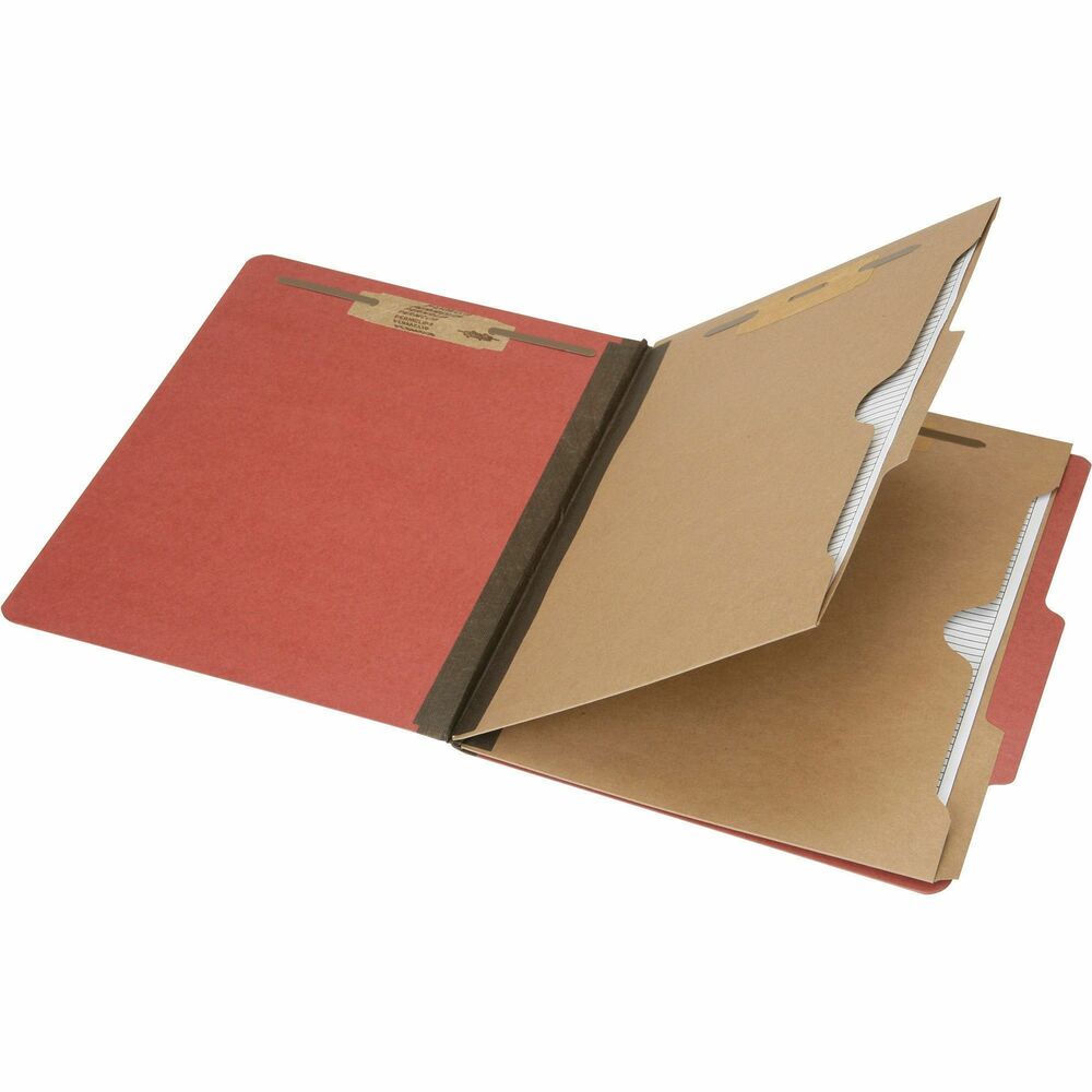 NSN6006979 - Six-part classification folders offer an efficient way to organize your letter-size project with multiple sections. Design includes one 2" capacity prong on the inside of each cover in positions No. 1 and 3. Two pocket dividers made of 11 point Kraft stock feature a total of four 1" capacity prongs on each side of the dividers for extra storage. The pocket dividers provide extra storage for CDs/DVDs and smaller documents that cannot be two-hole punched. Expandable, Tyvek-reinforced gusset offers a 2" capacity. Folder cover is made of 25 point Pressboard. Folders are made using 30 percent post-consumer material.