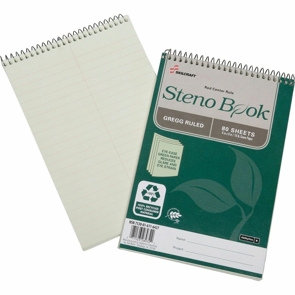 NSN6116427 - Eco-friendly steno notebooks feature eye-ease green paper that reduces glare and eyestrain. Traditional Gregg-style format offers 11/32" legal/wide rulings with red center rule. 16 lb. paper is made using 100 percent recycled post-consumer material and with a chlorine-free process that eliminates harmful chlorine emissions. Wires are 90 percent recycled and contain 67 percent post-consumer material. Covers are made from 100 percent recycled material with 35 percent post-consumer content in the front cover and 94 percent post-consumer content in the back cover.