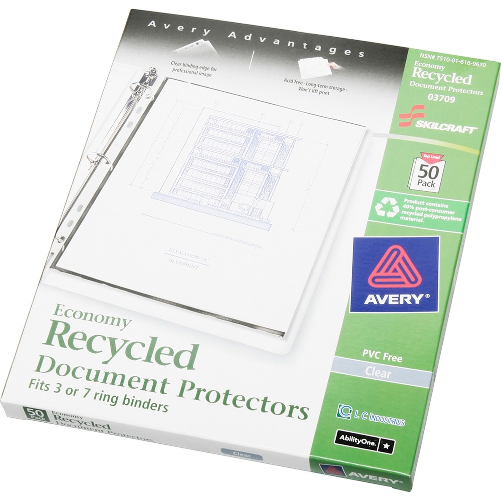 NSN6169670 - Economy-weight sheet protectors guard important paperwork against accidental spills or tears. Easy Load feature saves time loading sheets in protectors. Transparent document protectors hold letter-size documents. Seven-hole punched edge allows use in three-ring or seven-ring binders. Medium-weight plastic won't lift print and is acid-free and archival-safe for long-term storage. Plastic is made using 40 percent post-consumer waste material.   