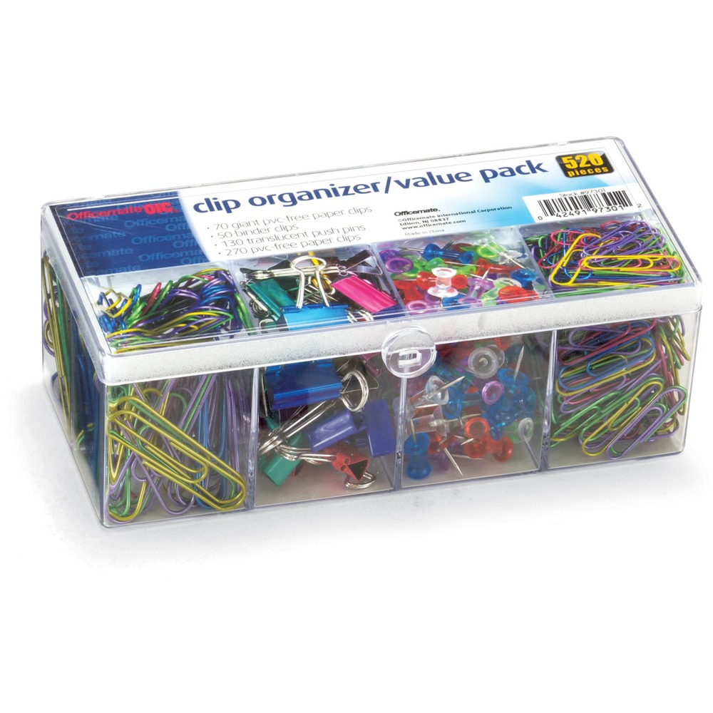OIC97301 - Flip Lid Paper Clip Organizer Value Pack features a convenient case with compartments to keep paper clips organized. Large assortment of clips and pushpins come in a hard plastic, reusable container with a flip-top lid and eight compartments. Clips include giant, coated, metallic paper clips in assorted colors; small, coated, metallic paper clips in assorted colors; mini, metallic binder clips in assorted colors; and transparent color pushpins. More from the Manufacturer