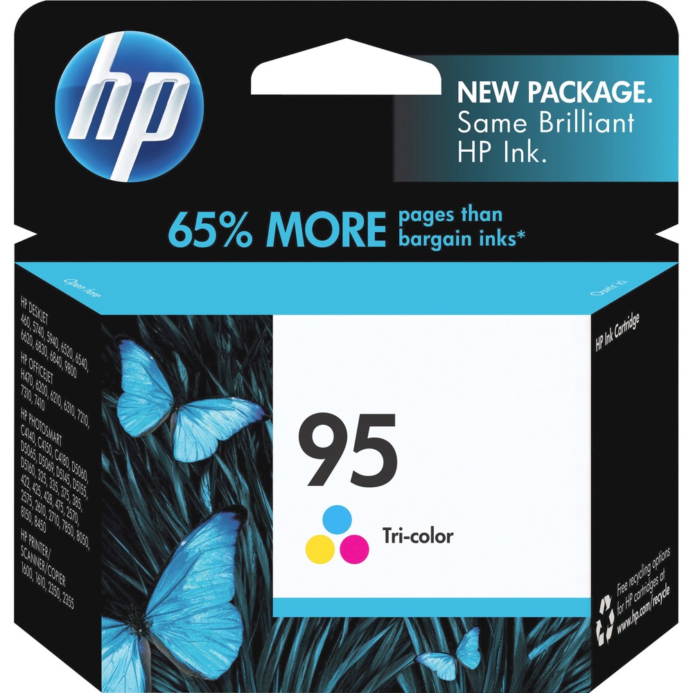 HEWC8766WN - HP 95 tri-color inkjet print cartridge produces lifelike color for printing multicolor documents, graphics and photos. Cartridge is designed for use with Hewlett-Packard Deskjet 460, 5740, 5940, 6520, 6540, 6620, 6830, 6840, 9800 Series; Officejet 100, 6200, 6210, 6310, 7210, 7310 and 7410 Series; Photosmart 1600, 1610 Series, 2350, 2355 Series, 325 Series, 335 Series, 375 Series, 385 Series, 422, 425 Series, 428 Series, 475 Series, 2570, 2575 Series, 2610 Series, 2710 Series, C4150, C4180, C4140, D5060, D5065, D5069, D5155, D5145, D5160, 7850, 8049, 8050, 8150 Series and 8450 Series. Cartridge yields approximately 330 pages. More from the Manufacturer