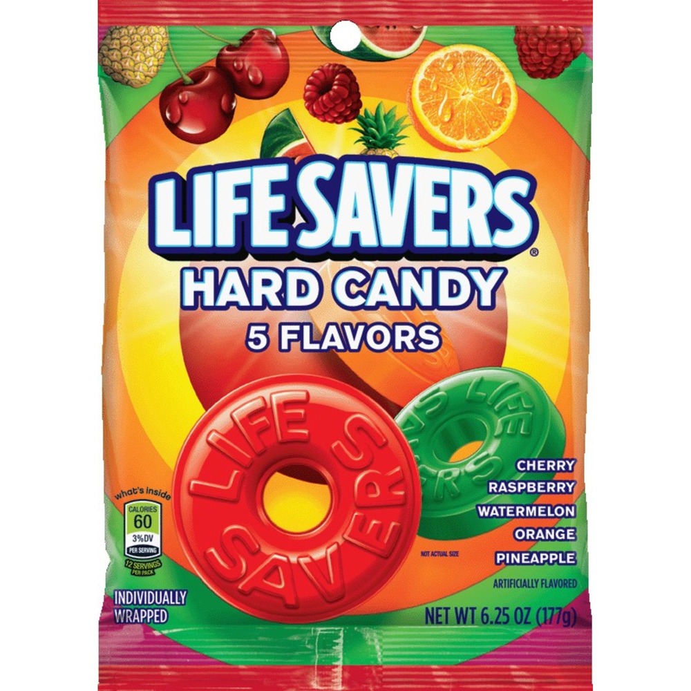 MRS08501 - A classic American candy since 1912, the flavors of Life Savers Hard Candy have stood the test of time. Featuring the beloved cherry, raspberry, watermelon, orange and pineapple fruit flavors, it doesn't take much for these trusted tastes to draw an easy smile. Life Savers hard candies are great for reception or breakroom areas. Each great-tasting, fruit-flavored candy is individually wrapped so you can easily slip them into your pocket or bag.