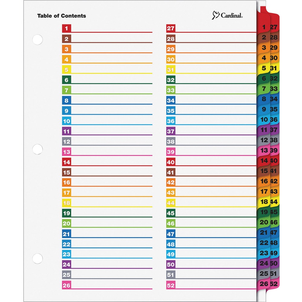 CRD60990 - OneStep Printable Dividers let you instantly create custom index sets by printing onto the two-column Table of Contents sheets. Matching, preprinted tabs on the divider sheets can be used in either portrait or landscape formats. Multicolored tab sets have coordinating multicolored Table of Contents sheets. Easy-to-use, free templates in your favorite software are available online with the details on packaging. Tabs and ring edges are reinforced to withstand heavy use. Table of Content sheets are compatible with laser and inkjet printers. Dividers are three-hole punched and sized for letter-size sheets.
