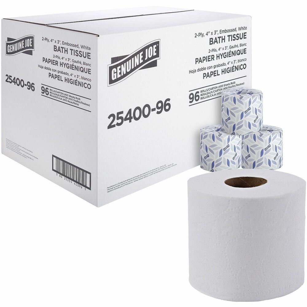 GJO2540096 - Embossed bath tissue offers two-ply sheets that are securely overall-wrapped for maximum sanitation. Perforated tissue offers exceptional whiteness, absorbency and softness and is suited for restroom applications. Each roll fits standard-roll, bathroom-tissue dispensers. Tissue is made from a high percentage of recycled fiber with post-consumer material that easily exceeds EPA guidelines.