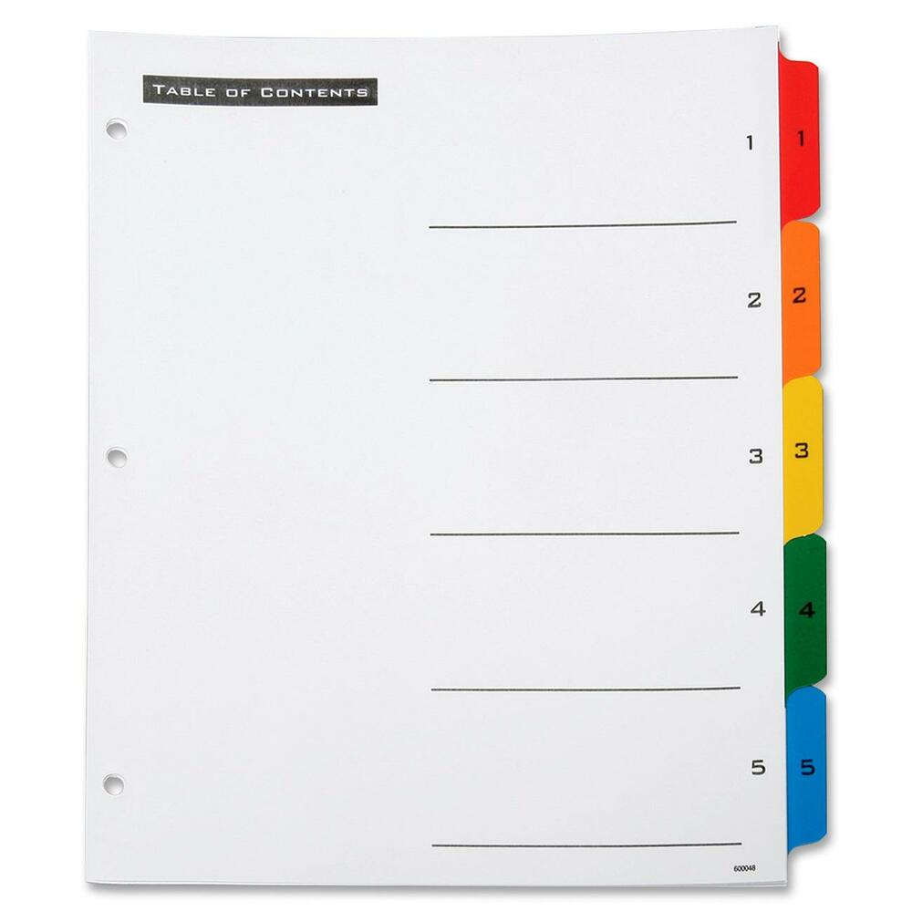 NSN3649489 - Organization is easy with customizable, Table of Contents sheets. Numerical tabs are preprinted from 1 to 5 multicolored to coordinate with the Table of Contents sheet. Three-hole punched, letter-size dividers are made using 90 lb., SFI certified paper with 30 percent post-consumer waste material. The Table of Contents sheet is compatible with laser and inkjet printers and compatible with Microsoft Word. Easy-to-use, free template is available online.