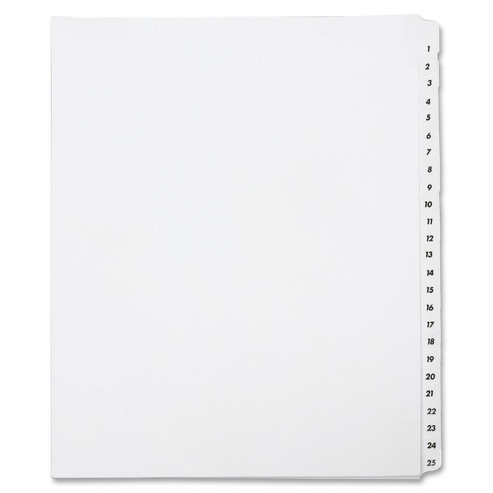 NSN4072250 - Organization is easy with customizable index sheets. Numeric tabs are manufactured with white recycled cover stock. Tabs are positioned on the 11" side are printed in black ink and reinforced with clear Mylar. Letter-size, unpunched dividers are made with a minimum of 30 percent post-consumer waste material.