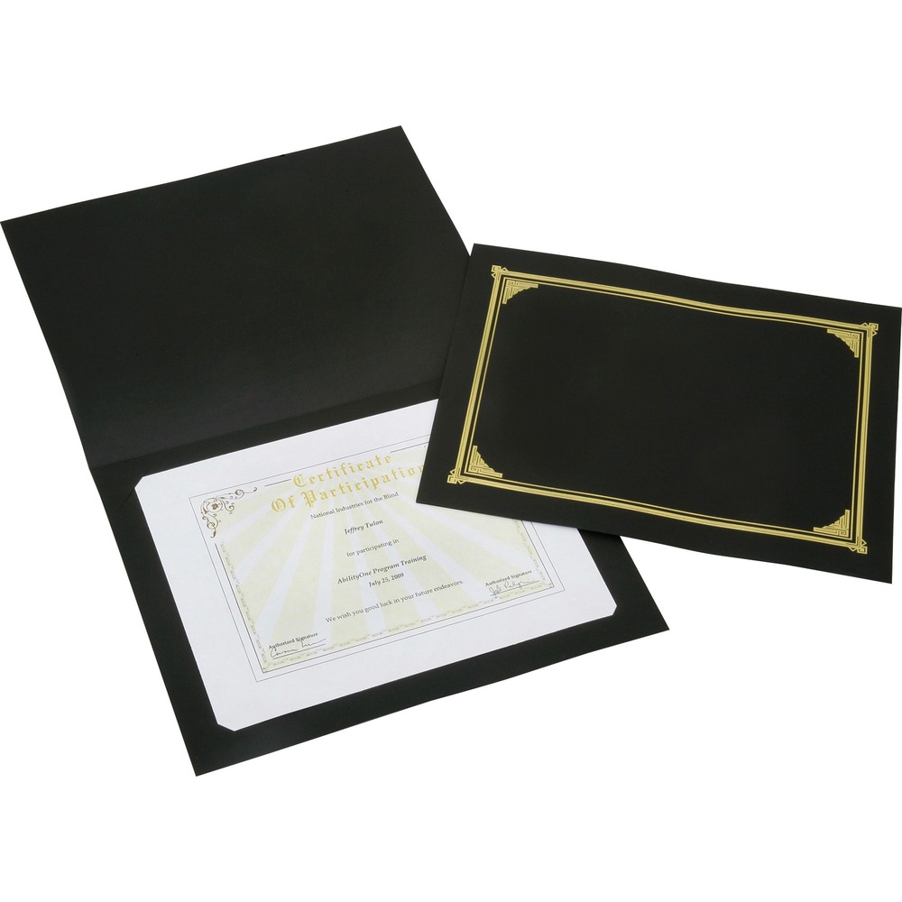 NSN5195770 - Preserve your award certificates and documents with these certificate document covers. Heavy linen cover stock features an elegant gold-foil design. Reinforced, four die-cut slots on back cover securely hold certificates and documents in place. Documents can be placed in the vertical or horizontal position. Covers are designed to fit 8-1/2" x 11" , 8" x 10" and A4-size certificates or documents.