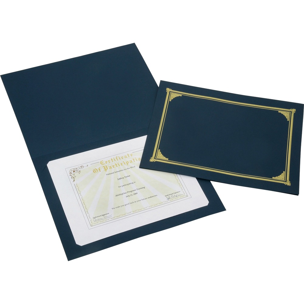 NSN5195771 - Preserve your award certificates and documents with these certificate document covers. Heavy linen cover stock features an elegant gold-foil design. Reinforced, four die-cut slots on back cover securely hold certificates and documents in place. Documents can be placed in the vertical or horizontal position. Covers are designed to fit 8-1/2" x 11" , 8" x 10" and A4-size certificates or documents.