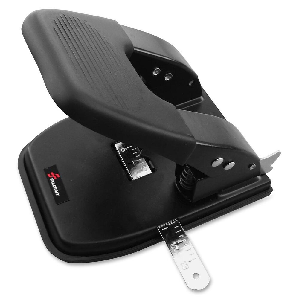 NSN6203314 - Heavy-duty, two-hole paper punch drills through paper with ease, punching through up to 30 sheets and creating 9/32" holes. Comfort grip allows easy punching. Adjustable paper guide ensures accurate paper positioning. Two-hole punch includes a removable chip tray for easy chip disposal.