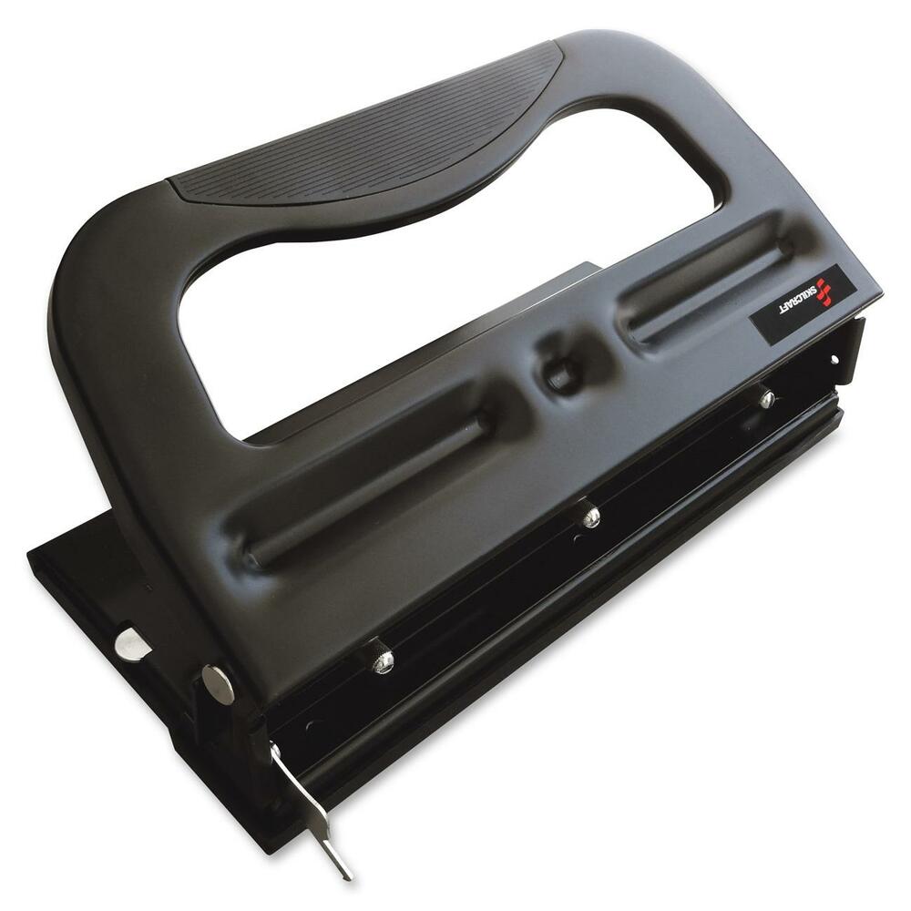 NSN6203315 - Heavy-duty, three-hole paper punch drills through paper with ease, punching through up to 32 sheets and creating 9/32" holes. Comfort grip allows easy punching. Adjustable paper guide ensures accurate paper positioning. Three-hole punch includes a removable chip tray for easy chip disposal.