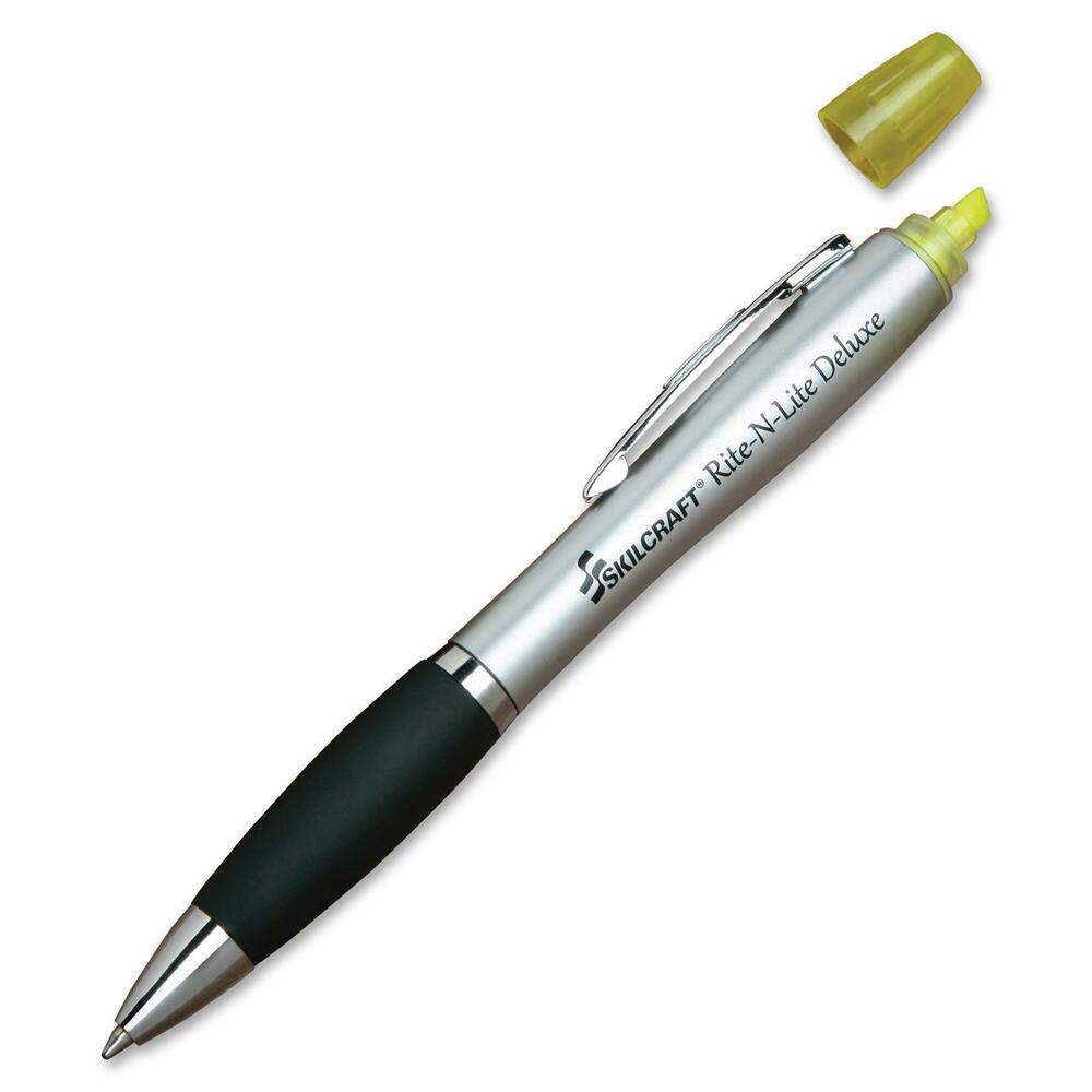 NSN6206416 - The Rite-N-Lite Deluxe Twist and Flip combines a twist-action, retractable ballpoint pen and highlighter for versatile writing. Use the medium point ballpoint pen on one end to write notes and more or the fluorescent yellow, chisel-tip highlighter on the other to shade important details. Pen includes low-viscosity ink for a smoother writing experience. Rubber grip offers added writing comfort.
