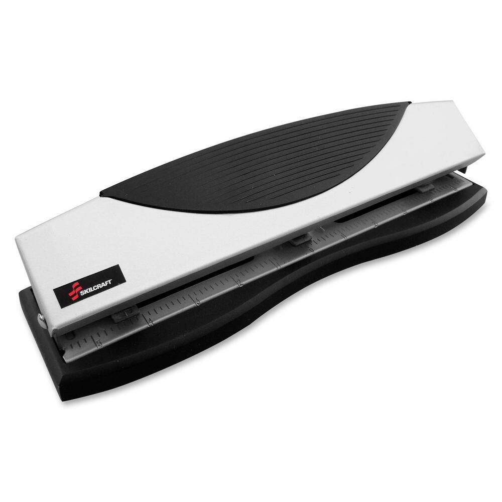 NSN6208390 - Light-duty, three-hole punch includes fully adjustable punch heads to provide flexible, multipurpose punching of three holes. Measuring guide ensures precise paper placement. Hole punch drills 9/32" holes into up to 15 sheets of paper. Removable chip tray allows easy chip removal. Paper punch is made of metal for durability.