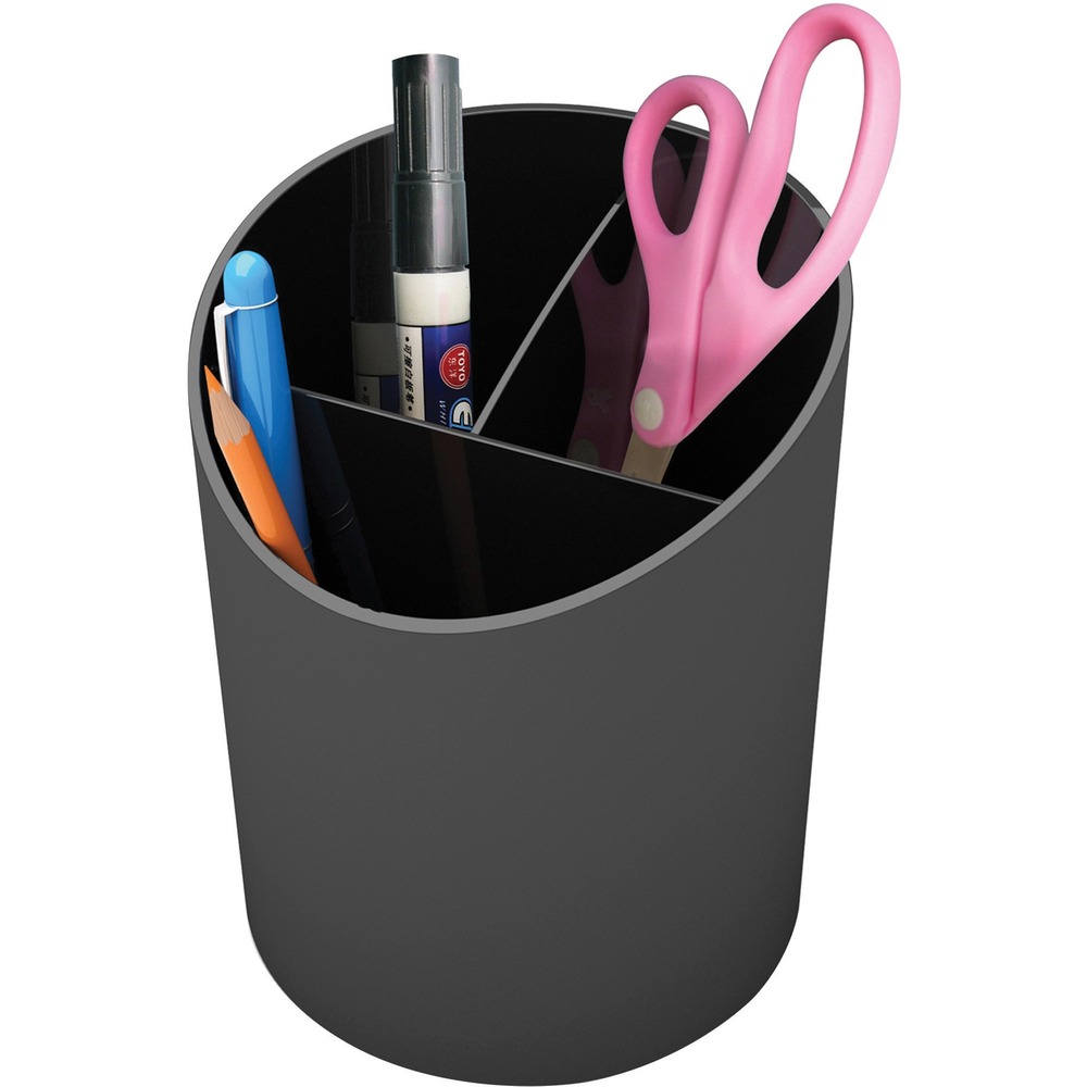 DEF34204 - Simple. Smart. Sturdy. This environmentally responsible, recycled plastic pencil cup keeps your writing tools handy for use. Ideal for use on desk, shelf or work area, this large pencil cup includes three compartments for pens, pencils and other supplies, such as rulers and scissors. Angled front allows easy visibility and retrieval. Pencil cup is fully recyclable.