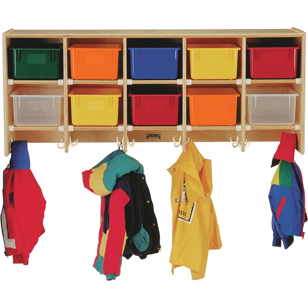JNT0771 - This coat locker mounts to the wall and includes colored trays for the 10 cubbies over the row of lockers with large double hooks to provide enough space for 10 children. Coat locker is made of Baltic birch plywood for sturdy, light-duty storage. Construction employs the dowel-pin technique, increasing already-noteworthy strength. This design leaves the thickness of the material intact where most of the stress occurs. Easy-to-clean finish is as tough as the coating used on gym floors, resists stains and won't yellow.