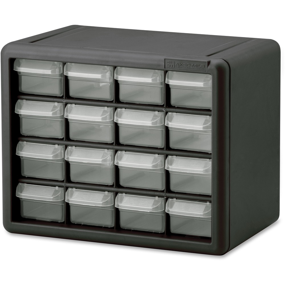 AKM10116 - Strong plastic cabinet organizes and protects your small supplies and other components. Cabinets stack securely and can also be wall-mounted with keyhole slots. This stackable cabinet includes 16 small dividable drawers to multiply storage options. Clear unbreakable drawers offer easy content identification. Finger-grip drawer pulls provide easy access. Rear stop tabs prevent contents from spilling. Frame is made of one-piece, high-impact plastic. Dividers are molded into the back of the cabinet.