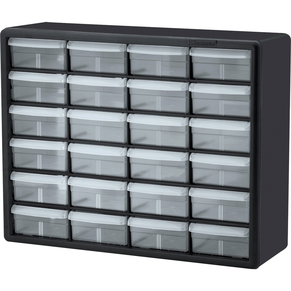 AKM10124 - Strong plastic cabinet organizes and protects your small supplies and other components. Cabinets stack securely and can also be wall-mounted with keyhole slots. This stackable cabinet includes 24 large dividable drawers to multiply storage options. Clear unbreakable drawers offer easy content identification. Finger-grip drawer pulls provide easy access. Rear stop tabs prevent contents from spilling. Frame is made of one-piece, high-impact plastic. Dividers are molded into the back of the cabinet.