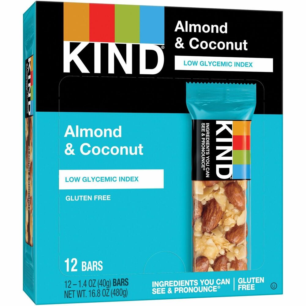 KND17828 - Kind Bars are made with tasty ingredients you can see and pronounce. These all-natural fruit and nut bars have no secret ingredients and no artificial flavors. This delicious treat gives your body essential nutrients like fiber, protein and antioxidants. Each bar is made with almonds and pieces of toasted coconut bound together with honey for a sweet, chewy, crunchy snack. The bars are gluten-free, wheat-free, dairy-free, non-GMO and low-glycemic. They do not contain trans fats, sulfur dioxide or hydrogenated oils. More from the Manufacturer