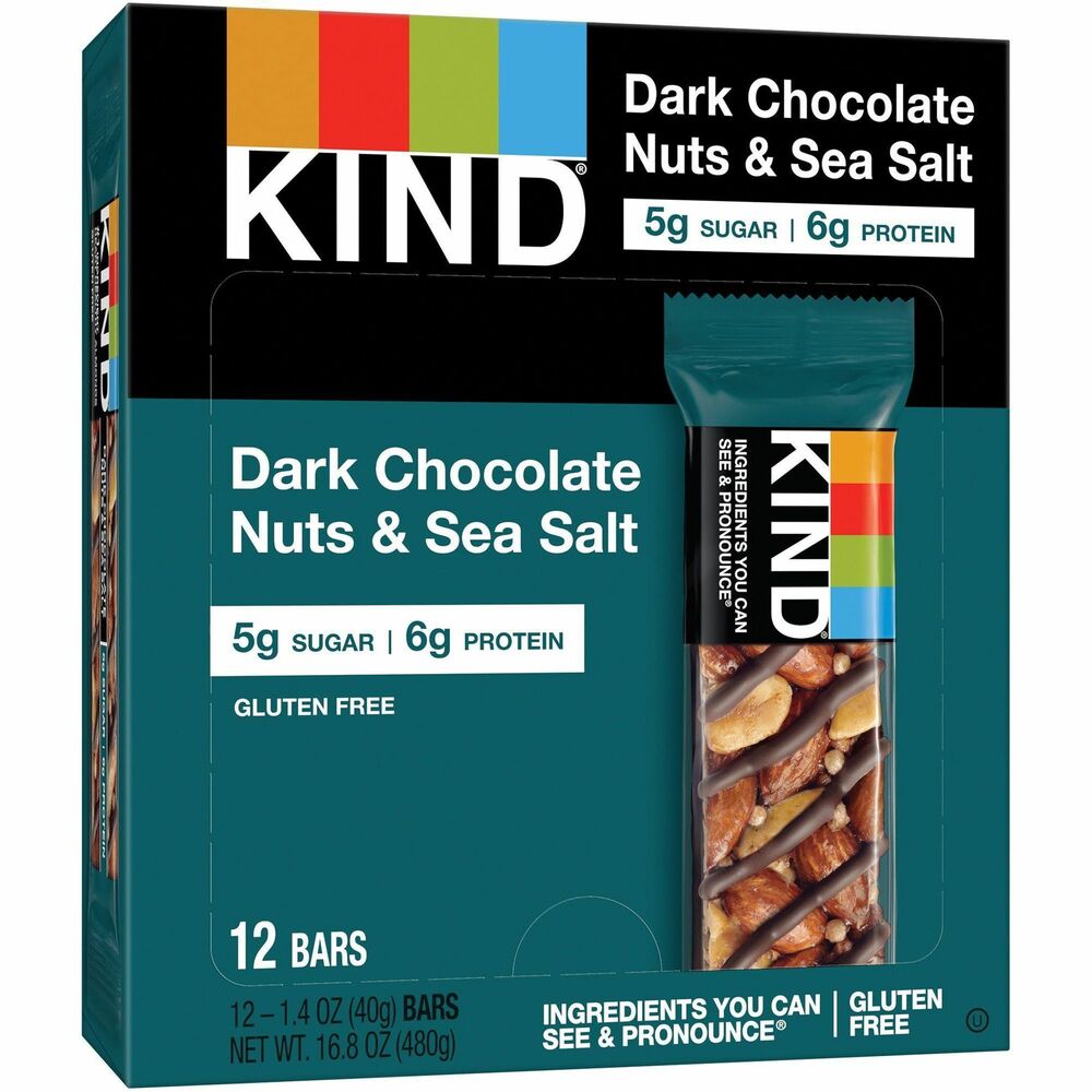 KND17851 - Kind Bars are made with tasty ingredients you can see and pronounce. Made from all-natural whole nuts and whole grains, Kind Bars have no secret ingredients and no artificial flavors. This delicious treat gives your body essential nutrients like fiber, protein and antioxidants. This simple blend includes Brazilian sea salt sprinkled over whole nuts and drizzled with dark chocolate. Bars are gluten-free, non-GMO and low-glycemic. They do not contain trans fats, sulfur dioxide or hydrogenated oils. More from the Manufacturer