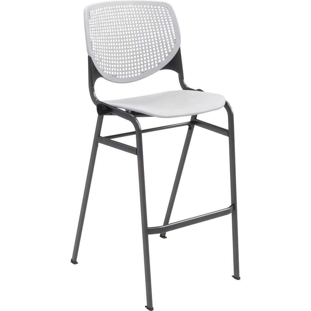 KFIBR2300P13 - 2300 Series Kool Stool creates a fun, comfortable environment in any space. Perforated back offers an attractive design that enhances circulation and airflow. Radius conforms to your back for maximum comfort. Silver, powder-coated frame contrasts the bold color of the polypropylene seat and back for a creative, interesting look. Back supports made with injection aluminum alloy enhance durability. Bar-height stool includes a horizontal footrest to optimize comfort.