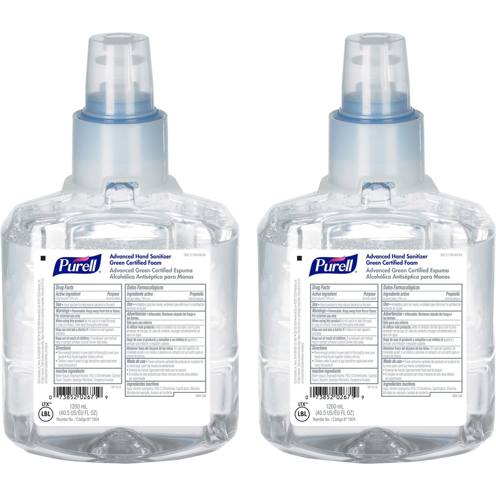 GOJ190402CT - Foam hand-sanitizer refill is designed for PURELL LTX-12 Hands-Free Dispensers and features a scientifically advanced, patent-pending formulation that outperforms other hand sanitizers ounce for ounce. PURELL Advanced Green Certified Foam kills 99.99 percent of most common germs on hands. Green certified and USDA certified, bio-based formulation meets EcoLogo hand sanitizer standard CCD-170 for environmental leadership and proven performance as well as CDC and APIC recommendations. Nonaerosol foam formula is fragrance-free and dye-free. Hand sanitizer is clinically proven to help maintain skin health with a nourishing blend of four skin conditioners. Use with latex, nitrile and vinyl gloves, and CHG. Controlled-collapse refill (not included) holds its shape as it empties for a more attractive appearance. Sanitary-sealed refill helps prevent contamination.