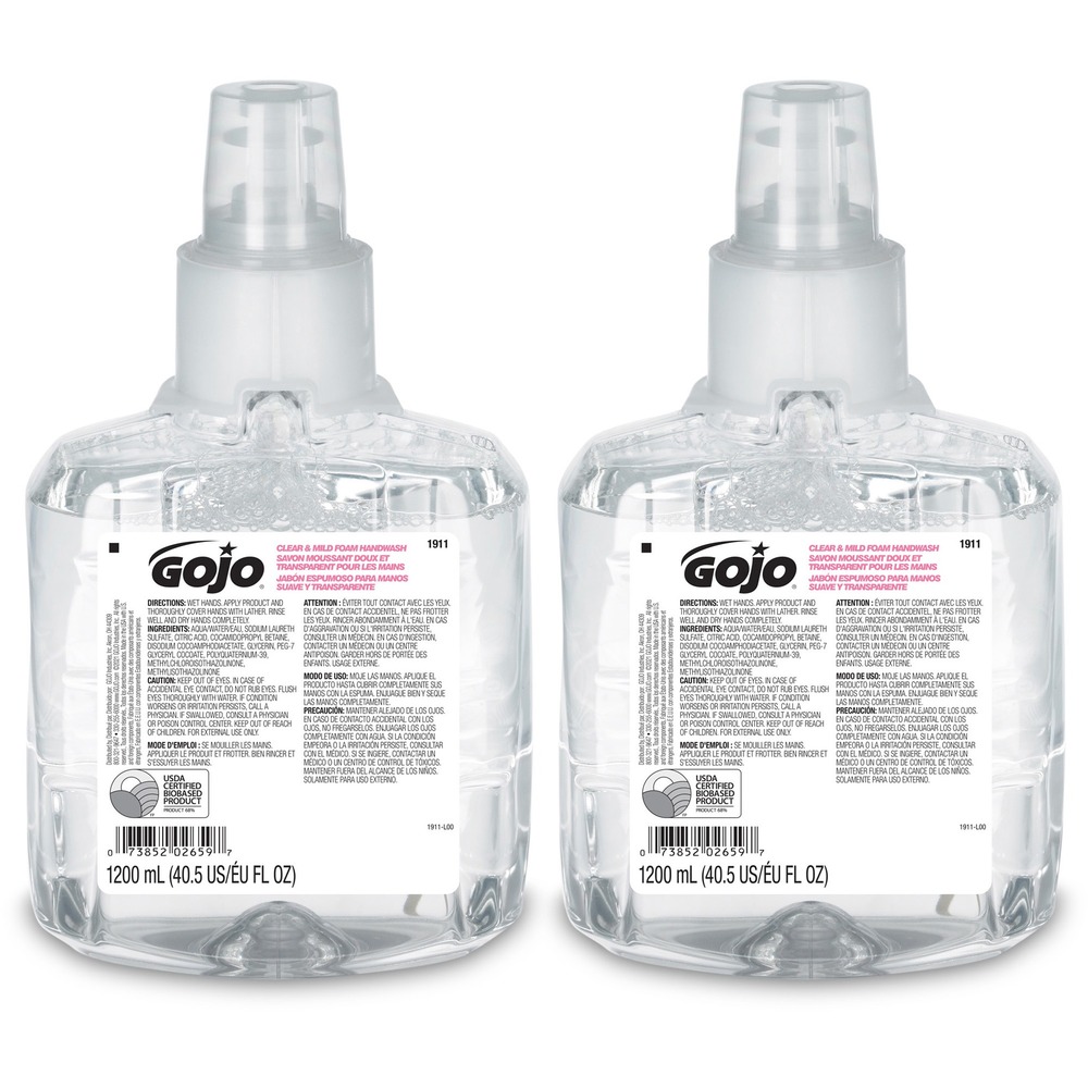 GOJ191102CT - Refill of spa-inspired, foam handwash is designed for GOJO LTX-12 Dispensers and delivers luxurious foam lather in a fragrance-free and dye-free formulation that is enriched with moisturizers and skin conditioners. USDA certified, bio-based, mild formulation is also EcoLogo certified so foam hand soap delights users while supporting a healthy environment. Controlled-collapse GOJO refill holds its shape as it empties for a more attractive appearance. Sanitary-sealed refill helps prevent contamination.