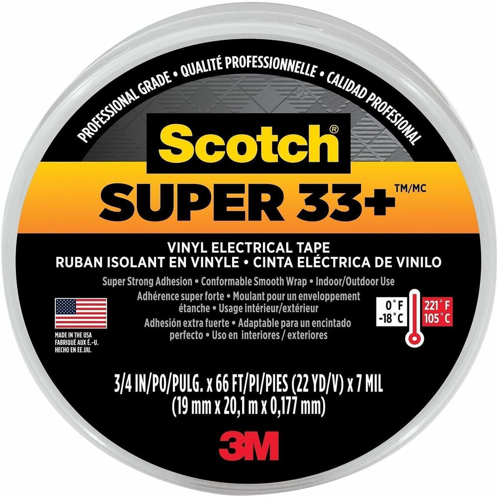 MMM6132BA10 - Scotch Super 33 Plus Vinyl Electrical Tape offers the highest quality. It is long-lasting with superior adhesion and handling in a wide range of temperatures and conditions. It is designed to perform continuously in a temperature range between 0 to 220 degrees Fahrenheit. Tape provides flexibility and easy handling for all-around performance.