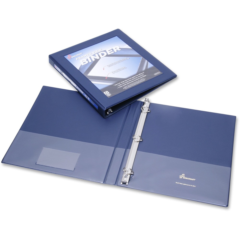 NSN4621383 - Frame View Binder holds more paper than a same-size round ring binder. D-rings on the back cover allow pages to lie flat. Inside cover features clear inside pockets for storing loose papers and a business card holder. Interior pockets hold up to 20 sheets of 20 lb. paper. Notch insert sheets help placement of customized cover materials behind the framed front overlay for presentation-ready results. Both front and spine overlay are top-loading. Binder is made using 45 percent recycled post-consumer material.