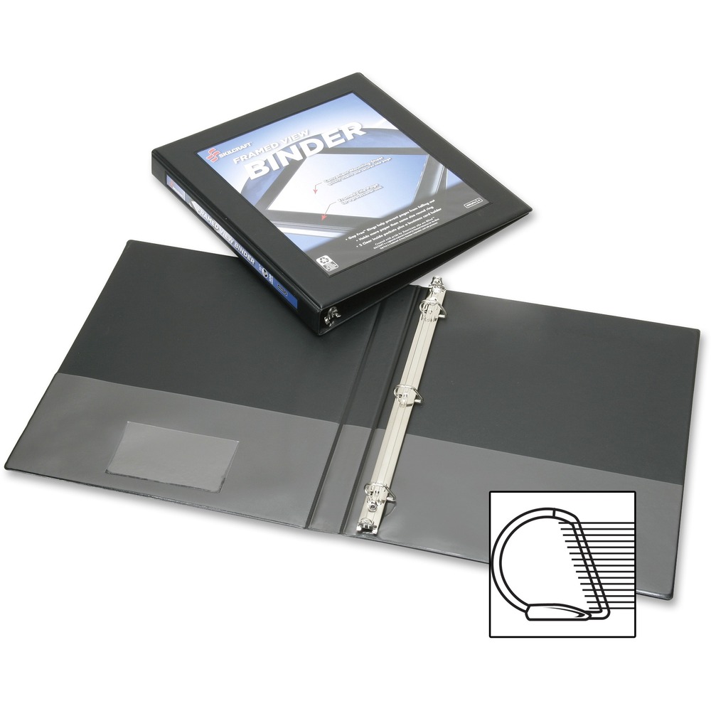 NSN4621384 - Frame View Binder holds more paper than a same-size round ring binder. D-rings on the back cover allow pages to lie flat. Inside cover features clear inside pockets for storing loose papers and a business card holder. Interior pockets hold up to 20 sheets of 20 lb. paper. Notch insert sheets help placement of customized cover materials behind the framed front overlay for presentation-ready results. Both front and spine overlay are top-loading. Binder is made using 45 percent recycled post-consumer material.