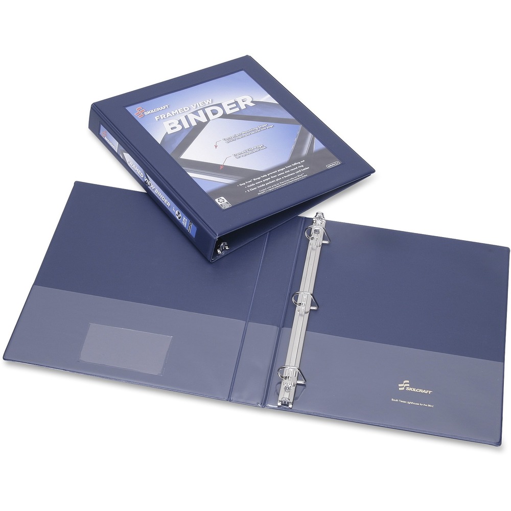 NSN4621388 - Frame View Binder holds more paper than a same-size round ring binder. D-rings on the back cover allow pages to lie flat. Inside cover features clear inside pockets for storing loose papers and a business card holder. Interior pockets hold up to 20 sheets of 20 lb. paper. Notch insert sheets help placement of customized cover materials behind the framed front overlay for presentation-ready results. Both front and spine overlay are top-loading. Binder is made using 45 percent recycled post-consumer material.