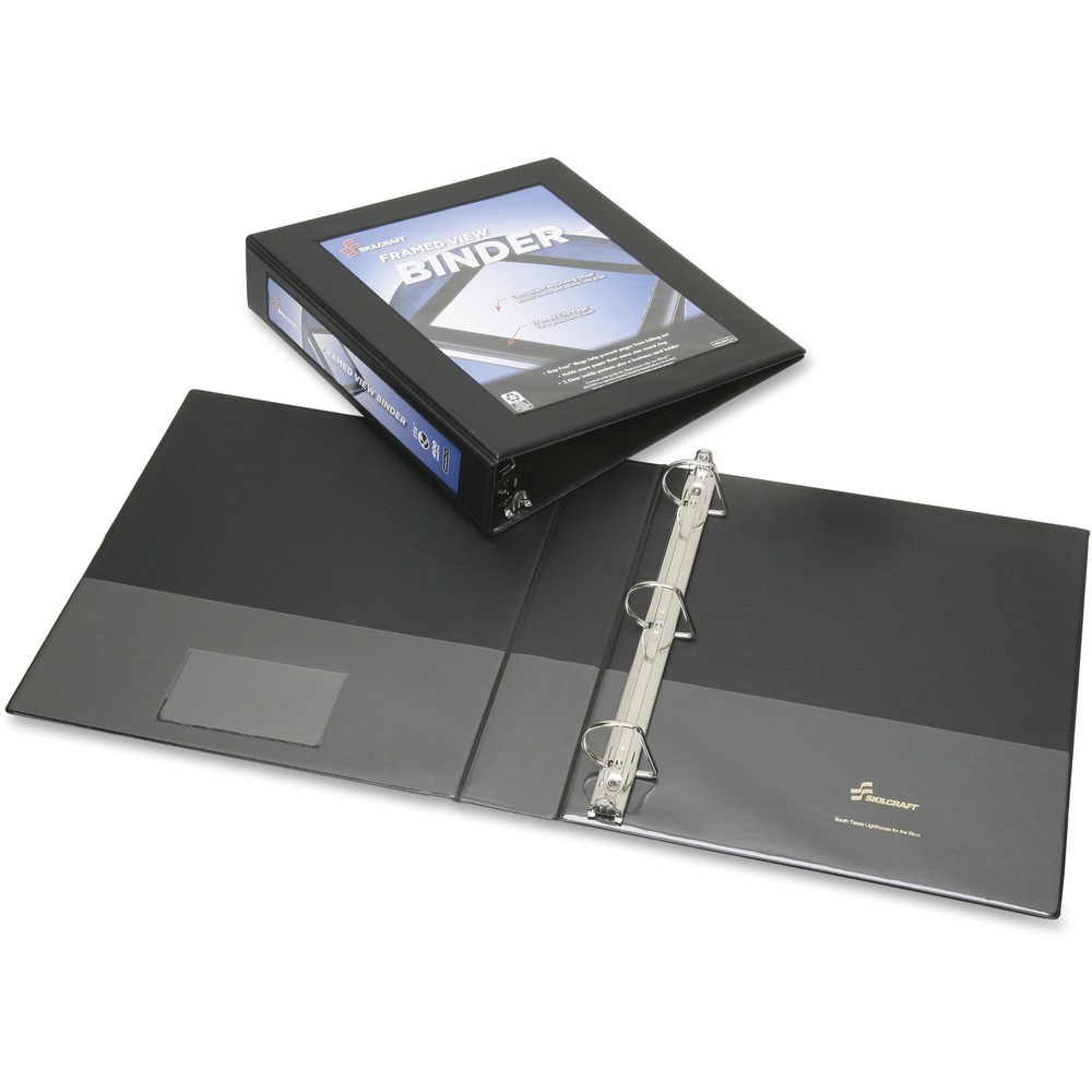 NSN4621389 - Frame View Binder holds more paper than a same-size round ring binder. D-rings on the back cover allow pages to lie flat. Inside cover features clear inside pockets for storing loose papers and a business card holder. Interior pockets hold up to 20 sheets of 20 lb. paper. Notch insert sheets help placement of customized cover materials behind the framed front overlay for presentation-ready results. Both front and spine overlay are top-loading. Binder is made using 45 percent recycled post-consumer material.