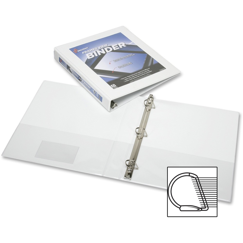 NSN4621391 - Frame View Binder holds more paper than a same-size round ring binder. D-rings on the back cover allow pages to lie flat. Inside cover features clear inside pockets for storing loose papers and a business card holder. Interior pockets hold up to 20 sheets of 20 lb. paper. Notch insert sheets help placement of customized cover materials behind the framed front overlay for presentation-ready results. Both front and spine overlay are top-loading. Binder is made using 45 percent recycled post-consumer material.