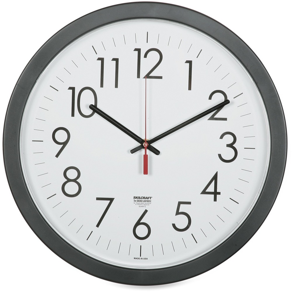 NSN6237483 - SKILCRAFT Quartz-Movement wall clocks include a quartz movement for extreme accuracy (+/- 2.0 minutes per year accuracy). High-impact plastic frames are made using 30% post-consumer recycled content that will biodegrade in a landfill in approximately 2 years. Clocks include white dials with black Arabic numerals and minute marks, black hour and minute hands. Logo clocks include a white dial, black hour and minute hands, and a brass second hand. Logo clocks include customizable Federal agency and military logos. Clocks can be set manually for use outside U.S. time zones and where Daylight Savings does not apply. Clocks use one AA battery (not included).