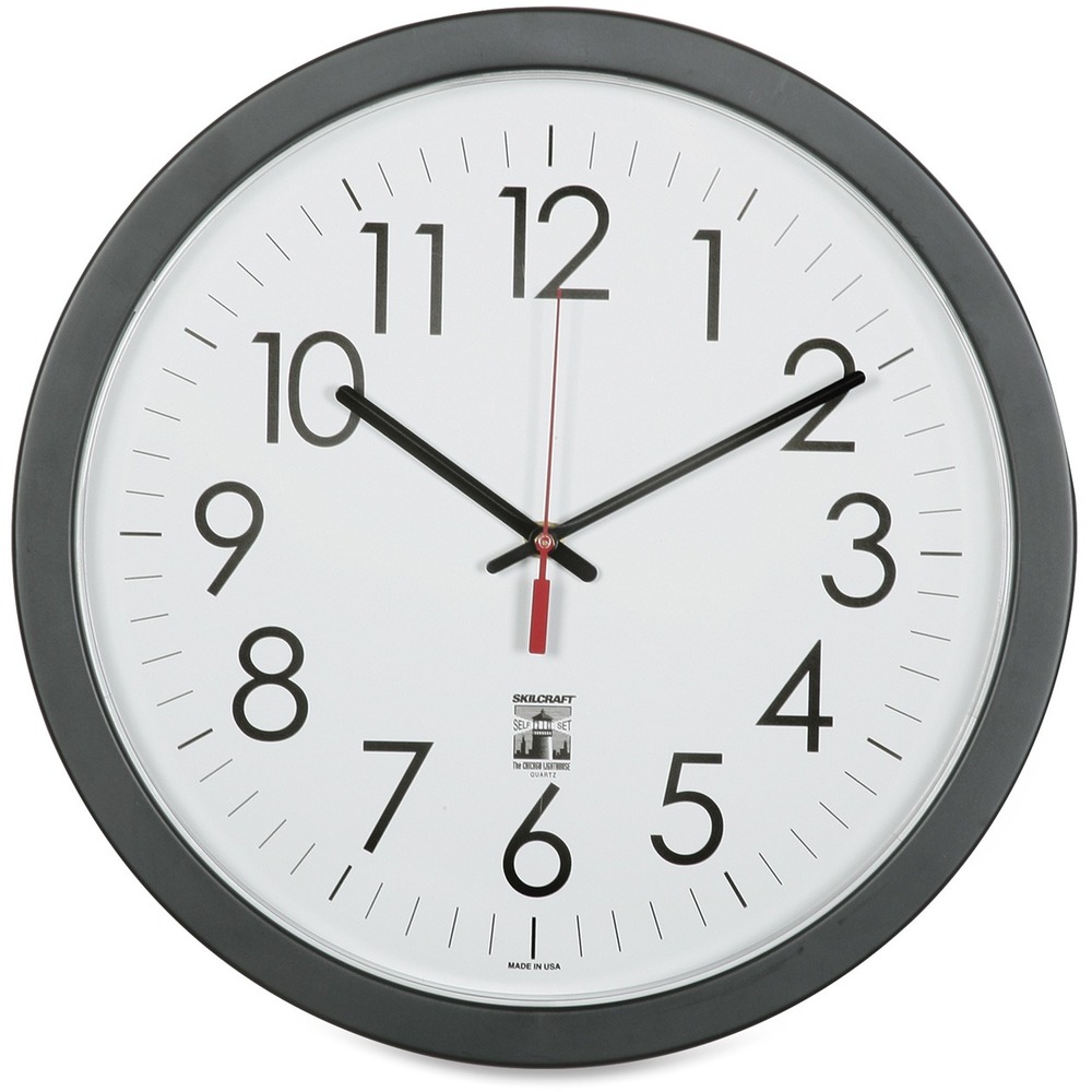 NSN6238823 - SKILCRAFT SelfSet clocks are programmed to automatically adjust in the fall and spring to Daylight Savings Time without the use of a signal. Ideal for use in facilities where radio signals may not reach radio-controlled clocks. Clocks feature quartz movement for extreme accuracy (+/- 2.0 minutes per year). Includes a white dial with black Arabic numerals, black hour and minute hands, and red second hand. High-impact plastic frame is made using 30% post-consumer recycled content that will biodegrade in a landfill within approximately 2 years. The clear lens is shatter-resistant and UV-protected. Logo clocks include customizable Federal agency and military logos. Battery-operated movement uses one AA battery (not included).
