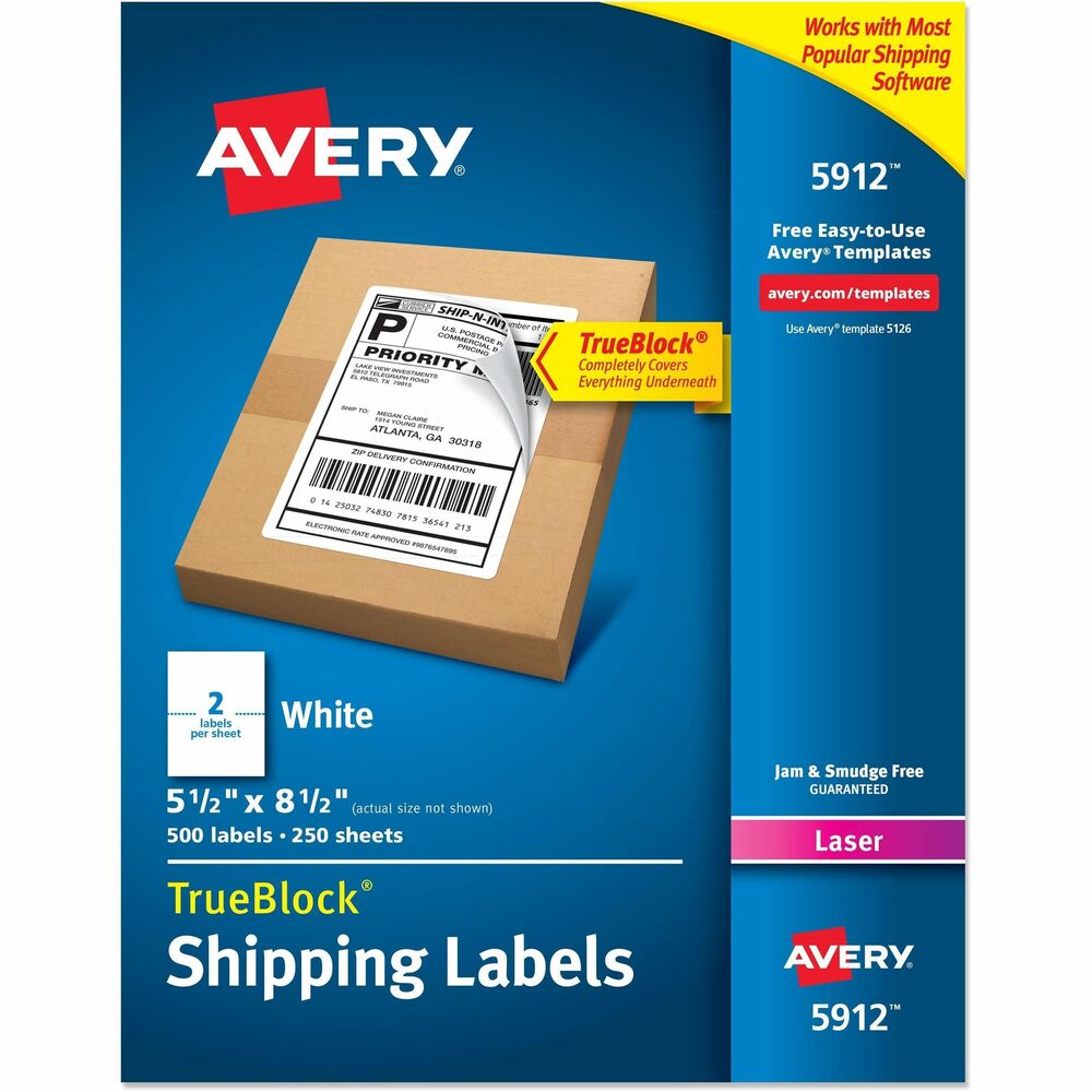 AVE5912 - Whether you're sending a care package or selling items online, these white shipping labels with TrueBlock Technology make deliveries easy. Use them to completely cover any markings underneath, allowing you to create professional results every time. You can add bar codes to these versatile labels that work well with popular shipping software. You can also design custom labels with free online templates. The labels print from your laser printer and never jam or smudge and stick with permanent adhesive. Each sheet includes two labels. More from the Manufacturer
