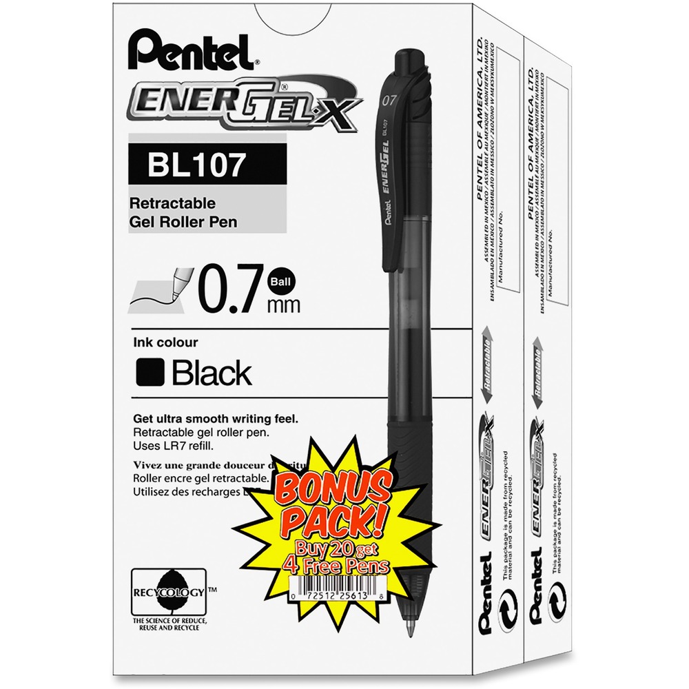 PENBL107ASW2 - EnerGel-X Retractable Gel Pens contain super-smooth EnerGel ink. High-performance ink technology combines the best qualities of liquid and gel inks for a super-smooth writing experience. Liquid gel ink dries so fast that even left-handed writers love it - no smears, no smudges, no globs. Latex-free grip provides maximum comfort. Color-tinted barrels with curved clip design match the ink color. Gel pen is refillable.