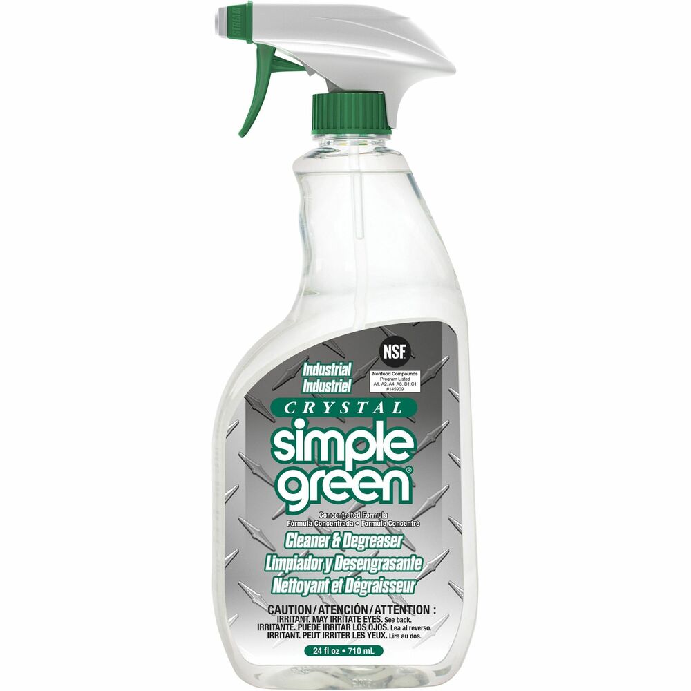 SMP19024 - Crystal Simple Green Industrial Cleaner and Degreaser is a powerful, industrial-strength cleaner that cuts through tough grease, oils, built-up grime and other residue without harsh or volatile chemicals. Formula contains no added color or scent. Nonabrasive, noncorrosive and clean-rinsing formula can be used on both hard, nonporous and soft, porous surfaces. It is NSF-registered A1, A2, A4, A8, B1 and C1 for use in commercial kitchens and food-processing plants. It is able to validate below 10 parts per million in rinsability to meet Good Manufacturing Practices (GMPs). EPA-exempt from special handling and personal protection requirements, Crystal Simple Green is a safer alternative to caustic cleaners and solvents.