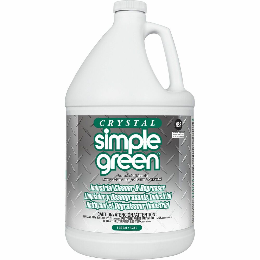 SMP19128 - Crystal Simple Green Industrial Cleaner and Degreaser is a powerful, industrial-strength cleaner that cuts through tough grease, oils, built-up grime and other residue without harsh or volatile chemicals. Formula contains no added color or scent. Nonabrasive, noncorrosive and clean-rinsing formula can be used on both hard, nonporous and soft, porous surfaces. It is NSF-registered A1, A2, A4, A8, B1 and C1 for use in commercial kitchens and food-processing plants. It can be economically diluted for use in floor scrubbers, dip tanks, carpet extractors, pressure washers, parts washers, steam extractors and foamers. It is able to validate below 10 parts per million in rinsability to meet Good Manufacturing Practices (GMPs). EPA-exempt from special handling and personal protection requirements, Crystal Simple Green is a safer alternative to caustic cleaners and solvents.