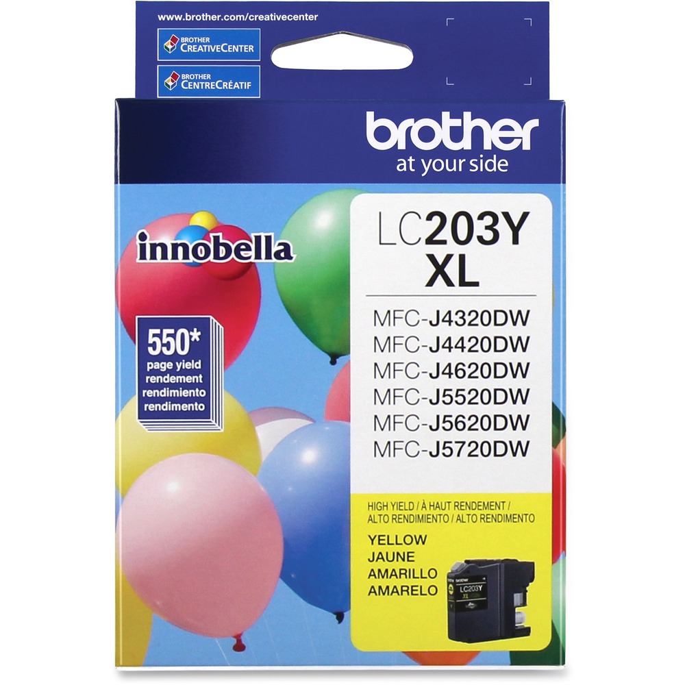 BRTLC203Y - High-yield ink cartridge produces crisp and professional results in Brother MFC-J4320DW, MFC-J4420DW, MFC-J460DW, MFC-J4620DW, MFC-J480DW, MFC-J485DW, MFC-J5520DW, MFC-J5620DW, MFC-J5720DW, MFC-J680DW, MFC-J880DW and MFC-J885DW. High capacity is perfect for high-volume printing. Innobella ink technology offers print longevity, richer colors and sharper images. Innobella ink is fade-resistant and color-fast to deliver high-quality images that stay vivid for years. Cartridge yields approximately 550 pages.