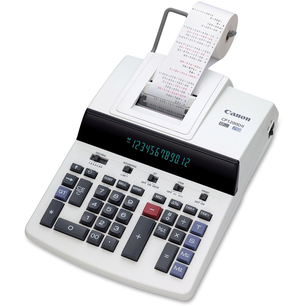 CNMCP1200DII - Heavy-duty commercial calculator features a built-in, multi-angle kickstand to customize the angle to your personal preference. Print 4.3 lines per second in two colors with positive numbers in black and negative numbers in red. Design also includes an easy-to-read, extra-large, 12-digit display and two independent four-key memories. Sales tax rates can be easily stored and accessed. Functions include cost/sell/margin, 5/4 rounding, round up/down/off, item count, grand total, delta percent, auto decimal entry, markup/down, percent key, percent add-on/discount and variable decimal (add mode, 0, 2, 3, 4, 6, and floating). Calculator uses 2-1/4" paper and runs on AC power.