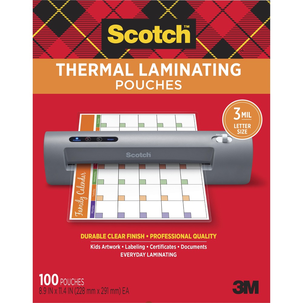 MMMTP3854100 - Laminating pouches are designed for use with the 3M Scotch Thermal Laminator or any standard, thermal-pouch laminator. Pouches provide instant, two-sided protection for frequently handled or referred to items. Photo-safe pouches are clear to let important information show through with a professional finish. Preserve and protect documents, awards, signs, calendars, certificates, children's artwork, schedules and more. More from the Manufacturer
