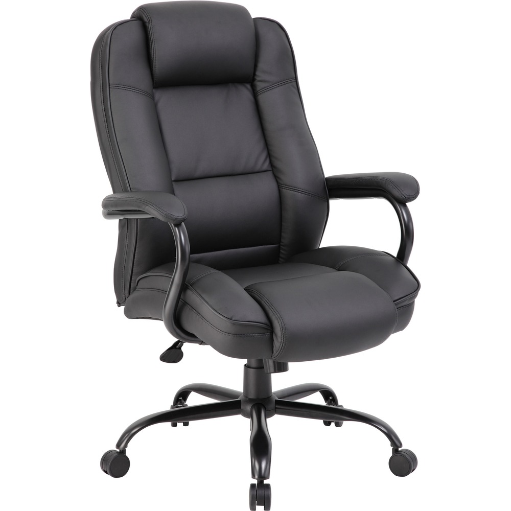 BOPB992BK - Heavy-Duty Executive Chair is the perfect addition to any office, boardroom or study. Its 400 lb. weight capacity renders it compatible with a broad range of different body types. Comfortable, durable chair is beautifully upholstered in LeatherPlus, a combination of leather and polyurethane. Padded arms oriented with steel, wraparound-style construction adds extra comfort and support. It also features a pneumatic gas lift to adjust seat height, spring tilt mechanism and reinforced lumbar support.