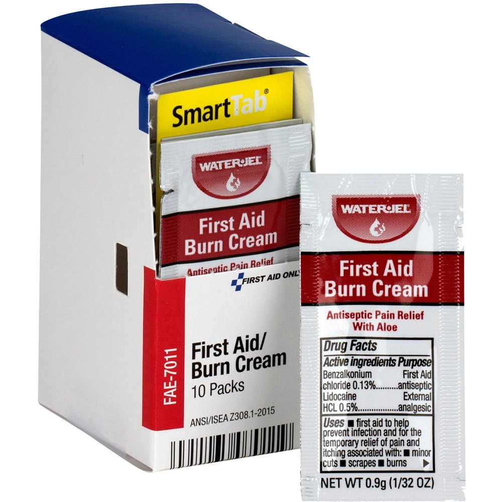 FAOFAE7011 - Burn cream packs contain first-aid antiseptic and external analgesic to help prevent infection and relieve pain due to minor cuts, scrapes and burns. Unit dose packages provide quick, effective application without cross-contamination. Active ingredients include lidocaine HCL (0.5 percent) and benzalkonium chloride (0.13 percent). Packs come in a handy box dispenser for easy access. This item meets ANSI/ISEA Z308.1-2009 standards.