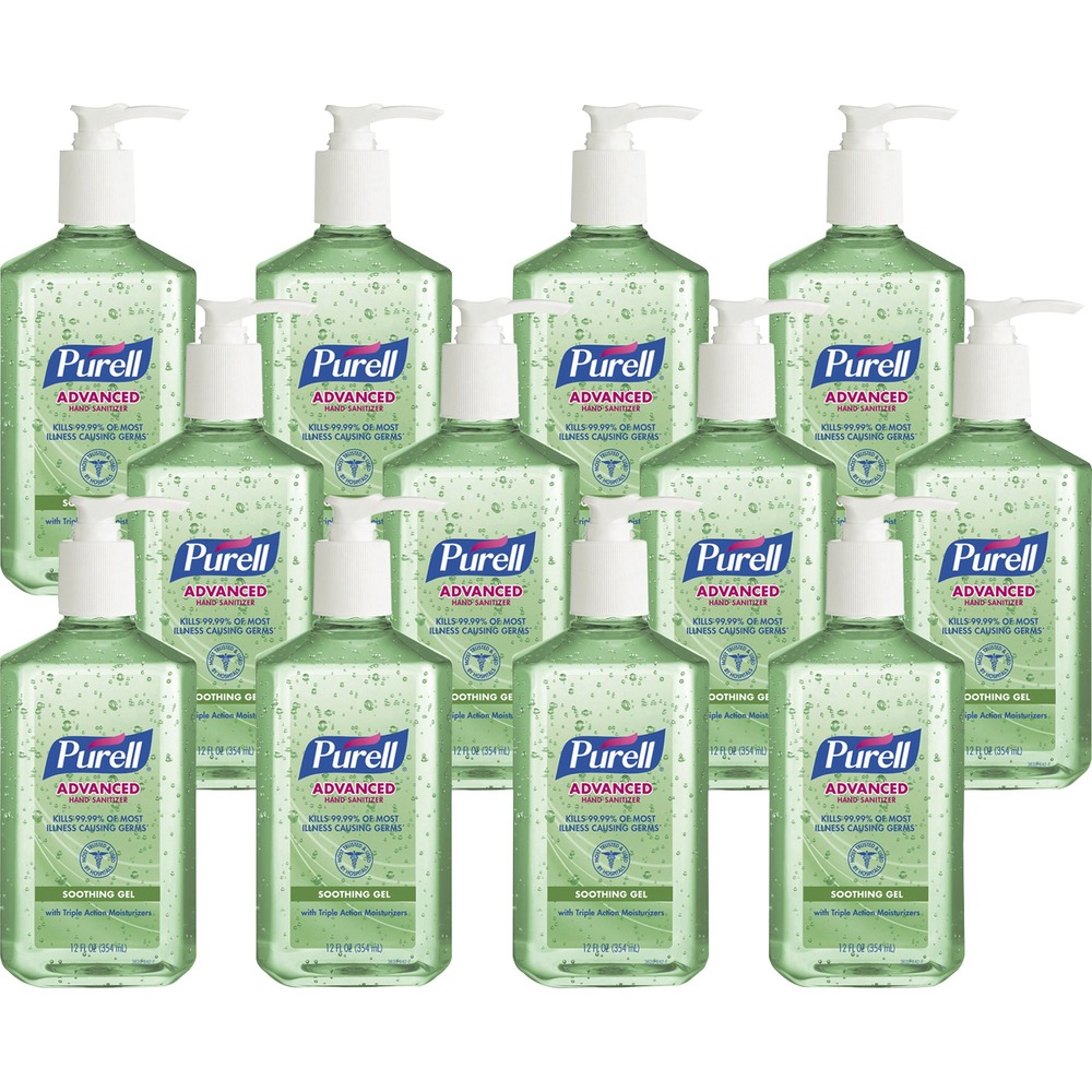 GOJ363912CT - Instant hand sanitizer with aloe is enhanced with four different skin-conditioning agents that help maintain skin moisture and improves overall skin feel. Special formula with moisturizers leaves hands feeling soft and refreshed without stickiness or residue. Instant hand sanitizer kills more than 99.99 percent of most common germs. PURELL Advanced Hand Sanitizer with aloe works in as little as 15 seconds with no water or towels needed. It provides unprecedented germ-kill while soothing hands and maintaining skin health.