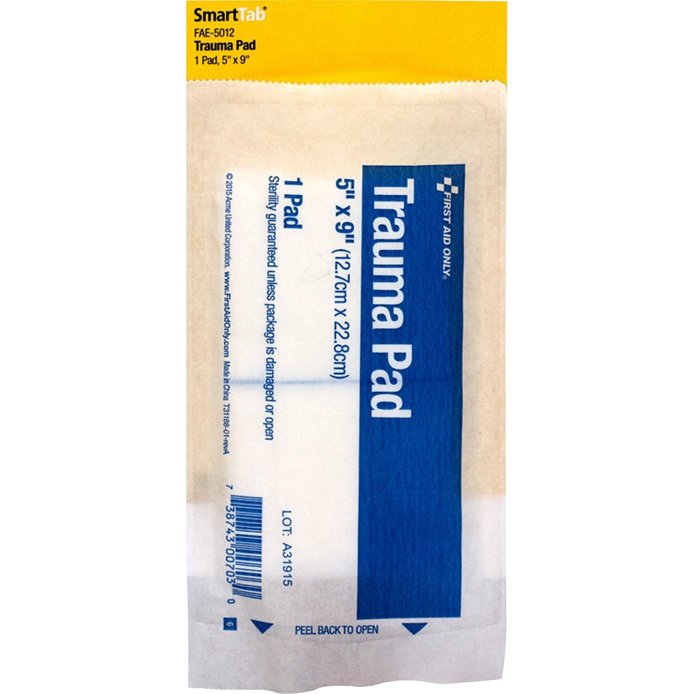 FAOFAE5012 - Sterile, absorbent trauma dressing helps stop the bleeding associated with deep lacerations, abrasions, burns, penetration wounds and fractures. The trauma pad measures 5" x 9" and comes in a sealed package to maintain sterility. This item meets ANSI/ISEA Z308.1-2009 standards.