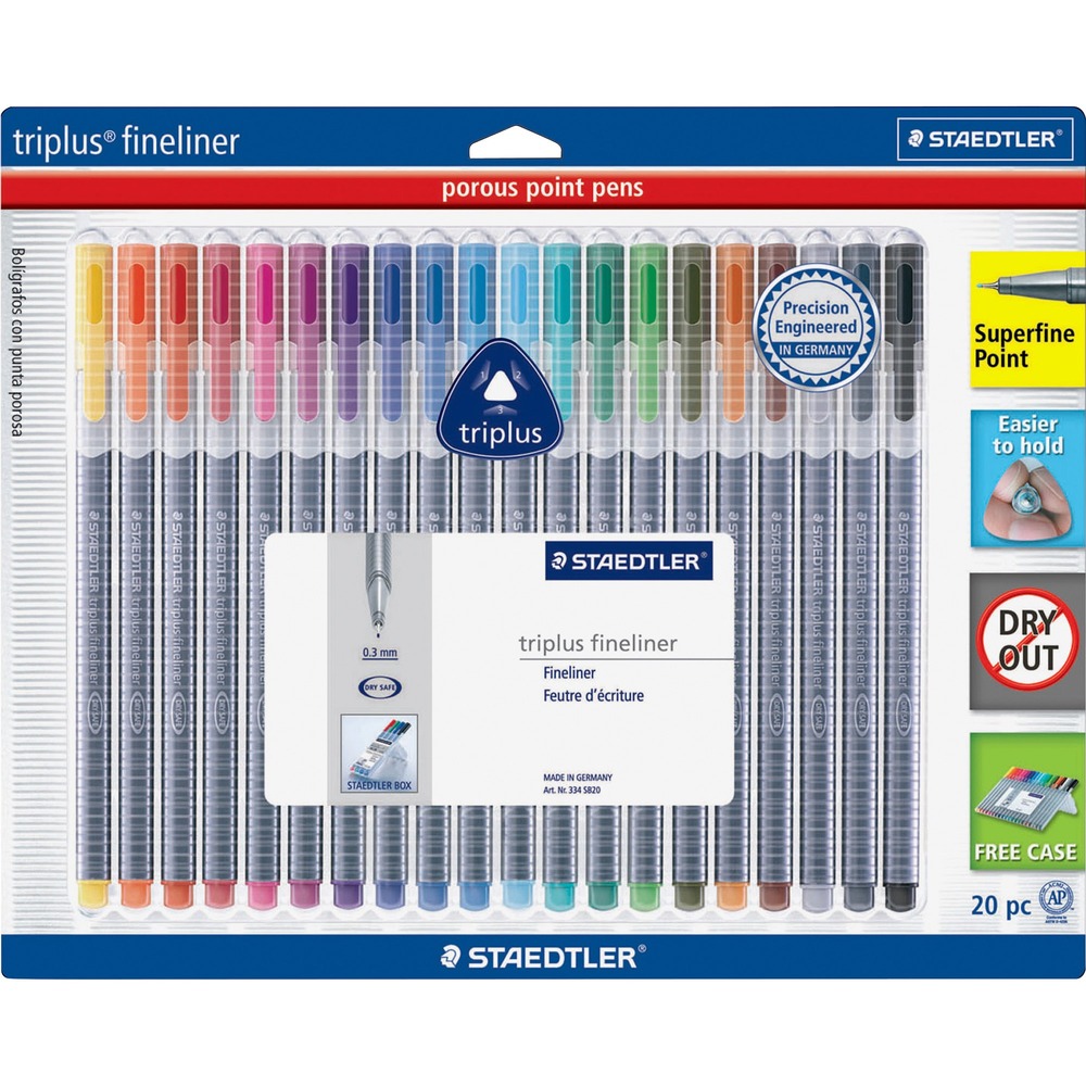 STD334SB20A6 - Triplus fineliners feature a slim, ergonomic triangle shape for fatigue-free writing, smooth barrel surface and a 0.3mm superfine, metal-clad tip for precise drawing. Dry-Safe feature allows you to leave the cap off for a few days without the acid-free ink drying out. Easel box opens into a convenient desk stand or sturdy carrying case.