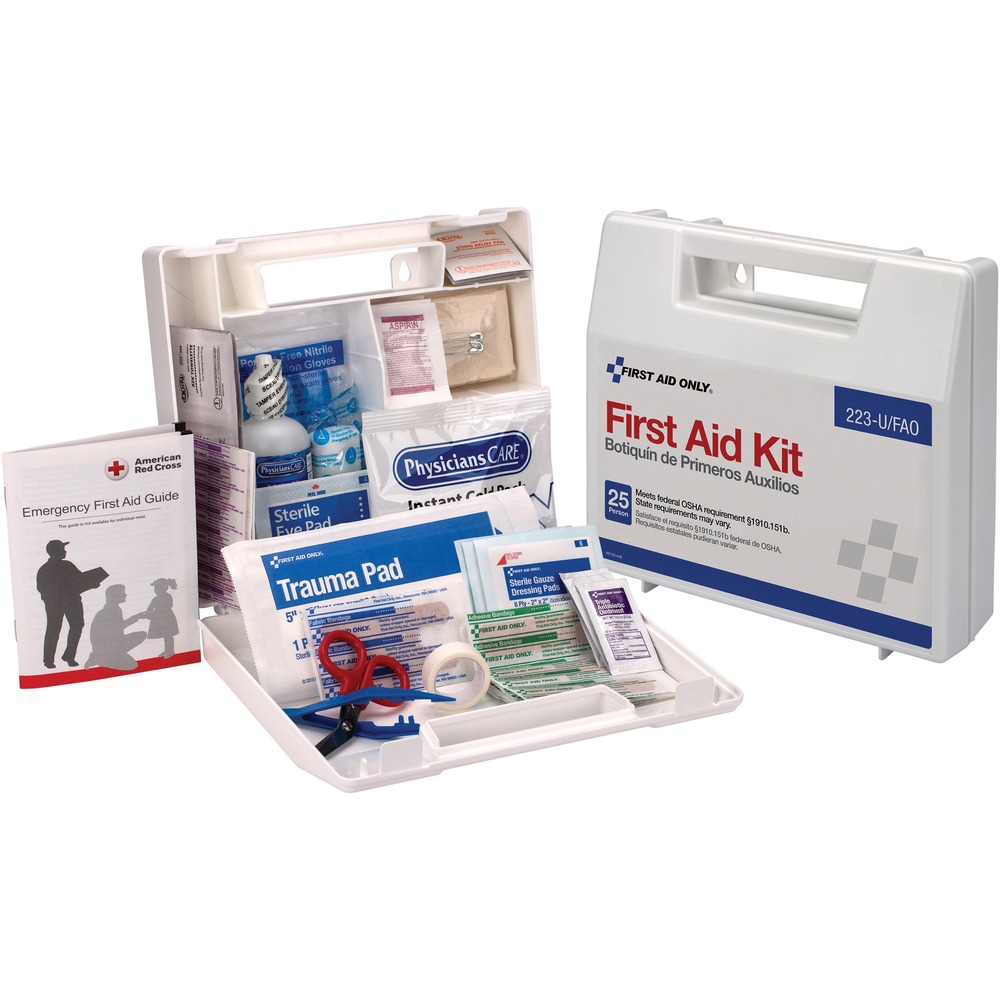 FAO223UFAO - This SmartCompliance first aid kit is ideal for contractors, fleet vehicles, work sites or small companies up to 25 employees. This kit meets federal OSHA recommendations and includes 17 critical products including a 4 oz. eyewash. Water-resistant plastic case is wall-mountable and features a handle for easy carrying.