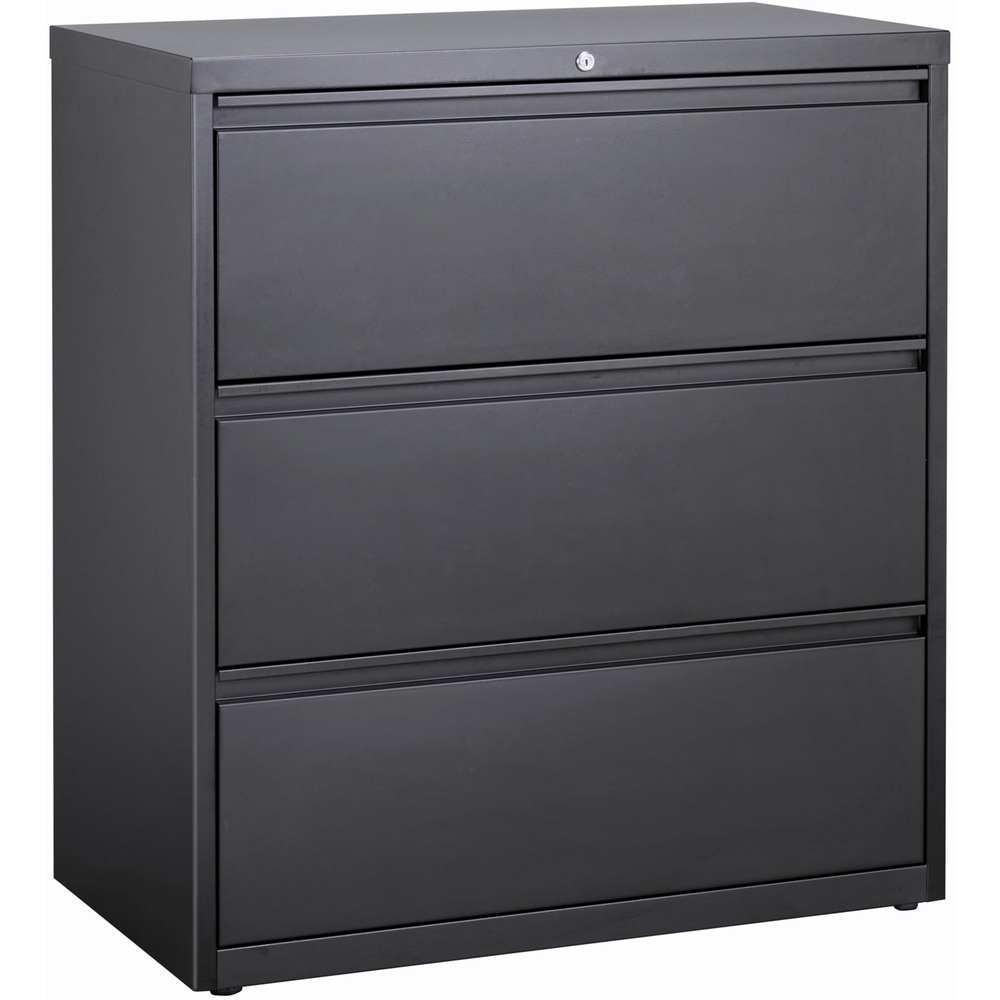 LLR66207 - 36" wide lateral file features three versatile drawers with hanging file rails for side-to-side filing of letter-size, legal-size or A4-size folders. Each drawer has a magnetic label holder for easy identification where you need it. Design also features a core-removable lock for security, dual locking bars, full-width pull, ball-bearing slide suspension for smooth opening and closing, reinforced base, and four adjustable leveling guides for stabilization. Interlock system prohibits the extension of more than one drawer at a time for your safety. Counterweight prevents tipping. Lateral file meets or exceeds applicable ANSI/BIFMA standards. More from the Manufacturer