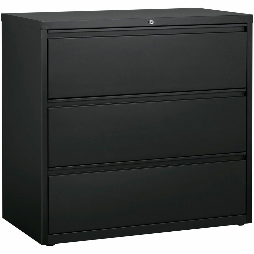 LLR60405 - 42" wide lateral file features three versatile drawers with hanging file rails for side-to-side filing of letter-size, legal-size or A4-size folders. Each drawer has a magnetic label holder for easy identification where you need it. Design also features a core-removable lock for security, dual locking bars, full-width pull, ball-bearing slide suspension for smooth opening and closing, reinforced base, and four adjustable leveling guides for stabilization. Interlock system prohibits the extension of more than one drawer at a time for your safety. Counterweight prevents tipping. Lateral file meets or exceeds applicable ANSI/BIFMA standards. More from the Manufacturer
